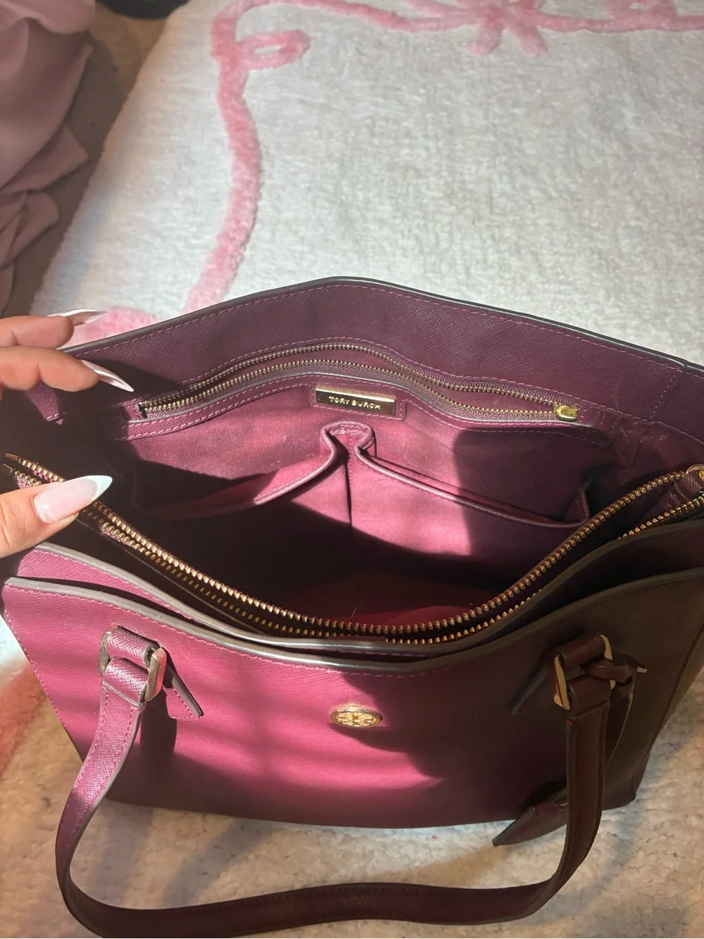 Tory Burch Structured Double-Handle Tote in Plum